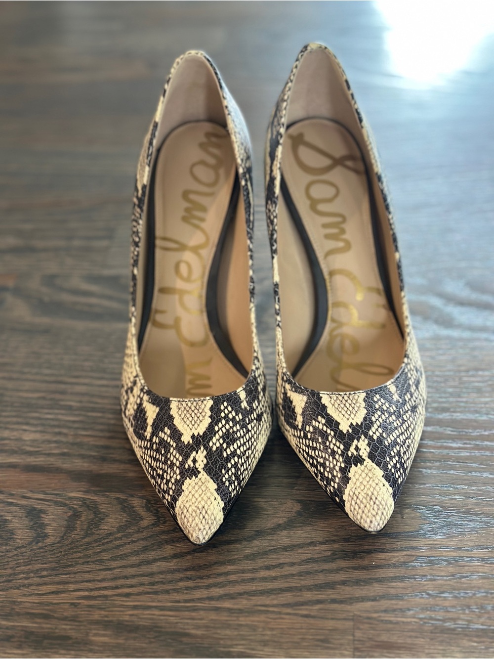 Sam Edelman Snake-Print Pointed Toe Pumps in Beige and Black 7.5